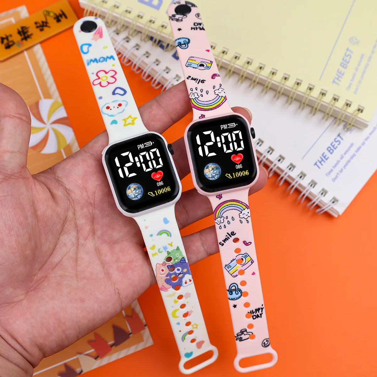 10pcs/lot Cartoon Printed Button LED Electric Watch for Girl Fashion Personality Printed Square Women Electronic Watches Gifts