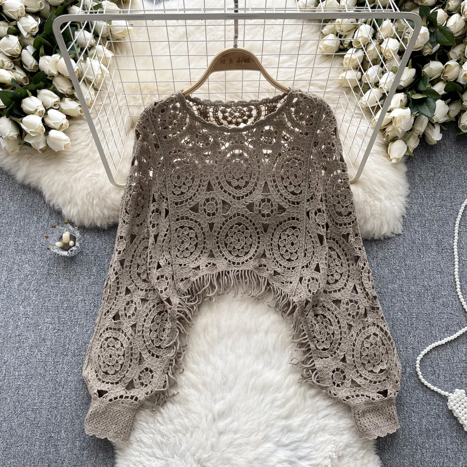 Chic Floral Crochet Vintage Hollow Tassel Capes Blouse Long Sleeve Korean Fashion Tops Sexy Elegant Autumn Women Pullover Y2k