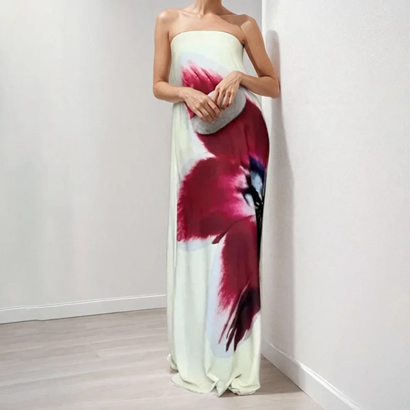 

Sexy Women Printed Strapless Long Dress Summer Off Shoulder Backless Maxi Dreeses Holiday Vacation Dresses Beach Sundress