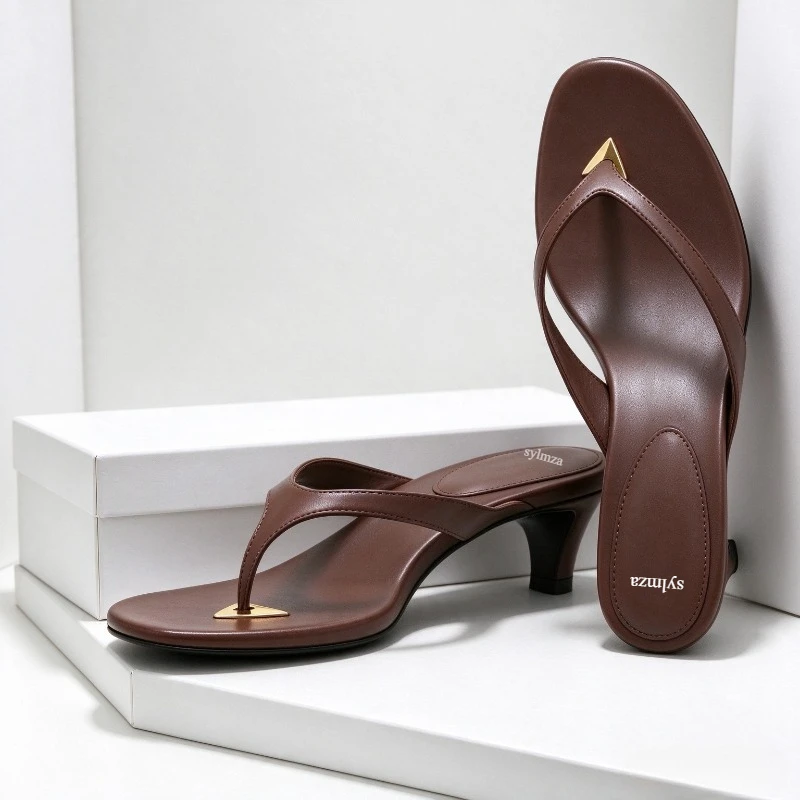 Brown Fashion Kitten Heel Women's Flip Flops Metal Details Sexy Clip Toe Sandals Comfortable Casual Beach Slippers for Women