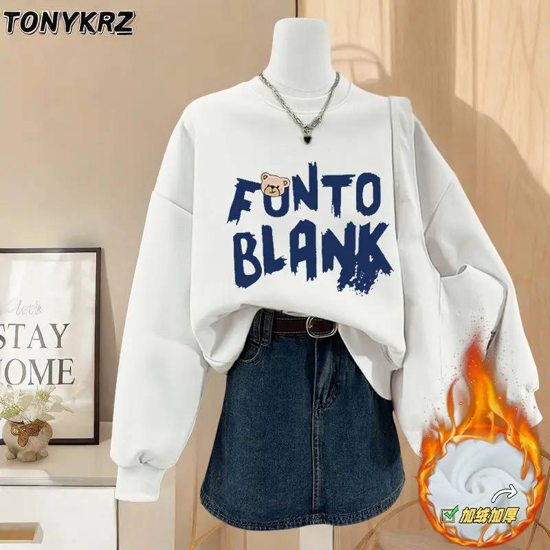 

Новая толстовка с круглым вырезом для студенток с добавлением флиса и толщиной. Универсальная корейская версия. Модный Instagram.