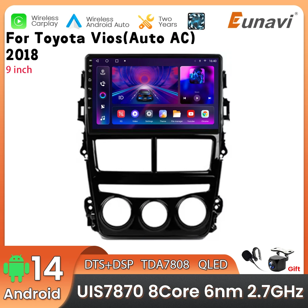 

Автомобильный мультимедийный плеер Android 14 2 Din для Toyota Vios Auto AC 2018, головное устройство, стерео GPS-навигация BT WIFI