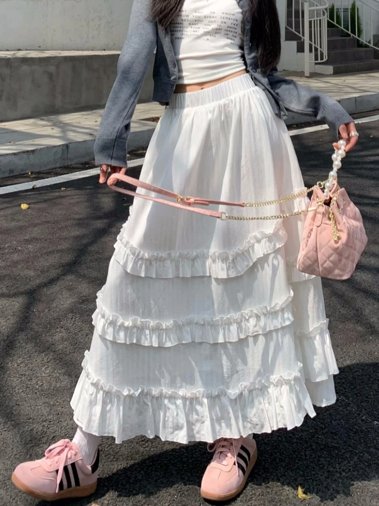 

White Midi Long Skirt Women Cotton Skirt 2024 Goth Lolita Spring Summer High Waisted High Low Ruched Ruffle Pleated Skirts rok