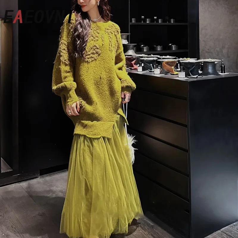 

EAEOVNI элегантное сетчатое лоскутное длинное платье женское модное вязаное свободное платье трапециевидной формы повседневное осенне-зимнее новое платье