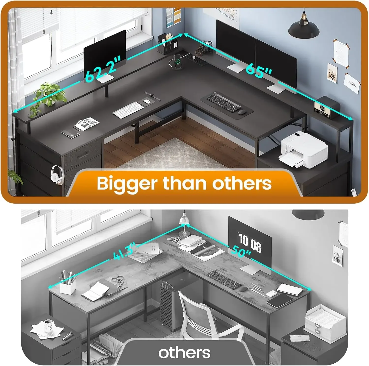 L Shaped Desk with 6 Drawer, 108" Home Office Desk with File Drawer & Power Outlet, Corner Computer Desk , Black