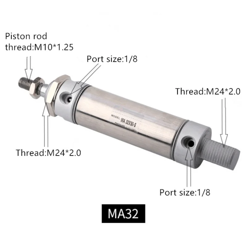 Freeshipping Stainless Steel Pneumatic cylinder with magnet MA32 bore 32mm stroke 25-500mm double acting Single Rod Air Cylinder