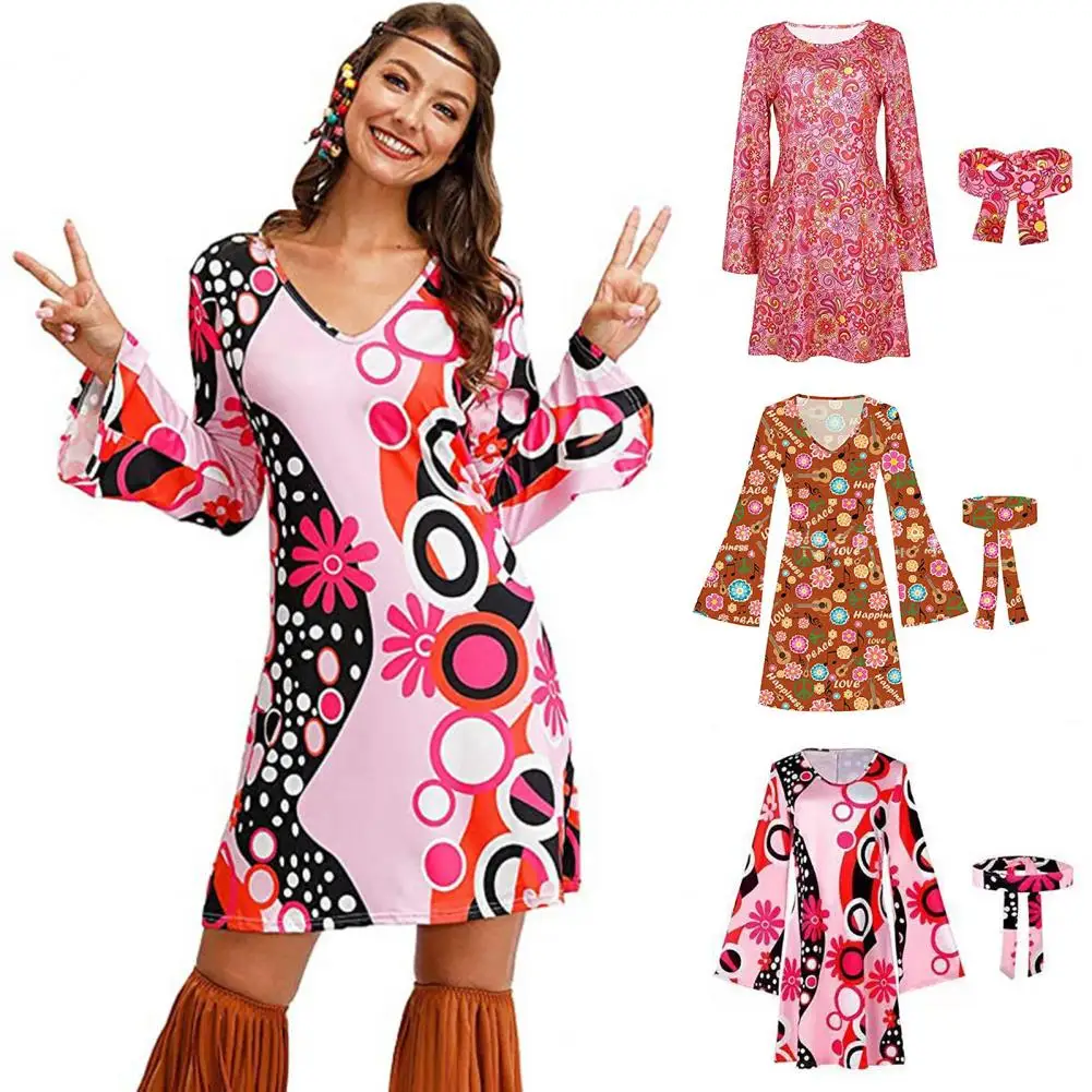 

2Pcs/Set Women Halloween Floral Print Dress With Headband Set V-neck Flared Long Sleeve Party Disco 1960 Dance Dress Costume