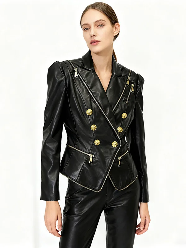 

Slim Fit Double Breasted Zipper Detailing Leather Jaet Suit Jaet Celebri Sle Ele Quali 2025 New Faion