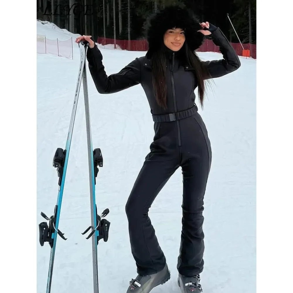 

Faion Hooded Women's Ski Suits Belt Stand Collar Low Waist ort Pants 00% Cotton Spring Collection Ladies Jumpsuits