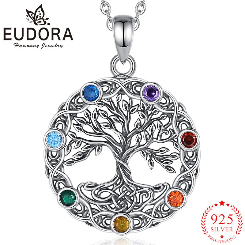 

Eudora Original 925 Sterling Silver Tree of Life Necklace Seven Color Chakra Pendant for Women Vintage Jewelry Exquisite Gift