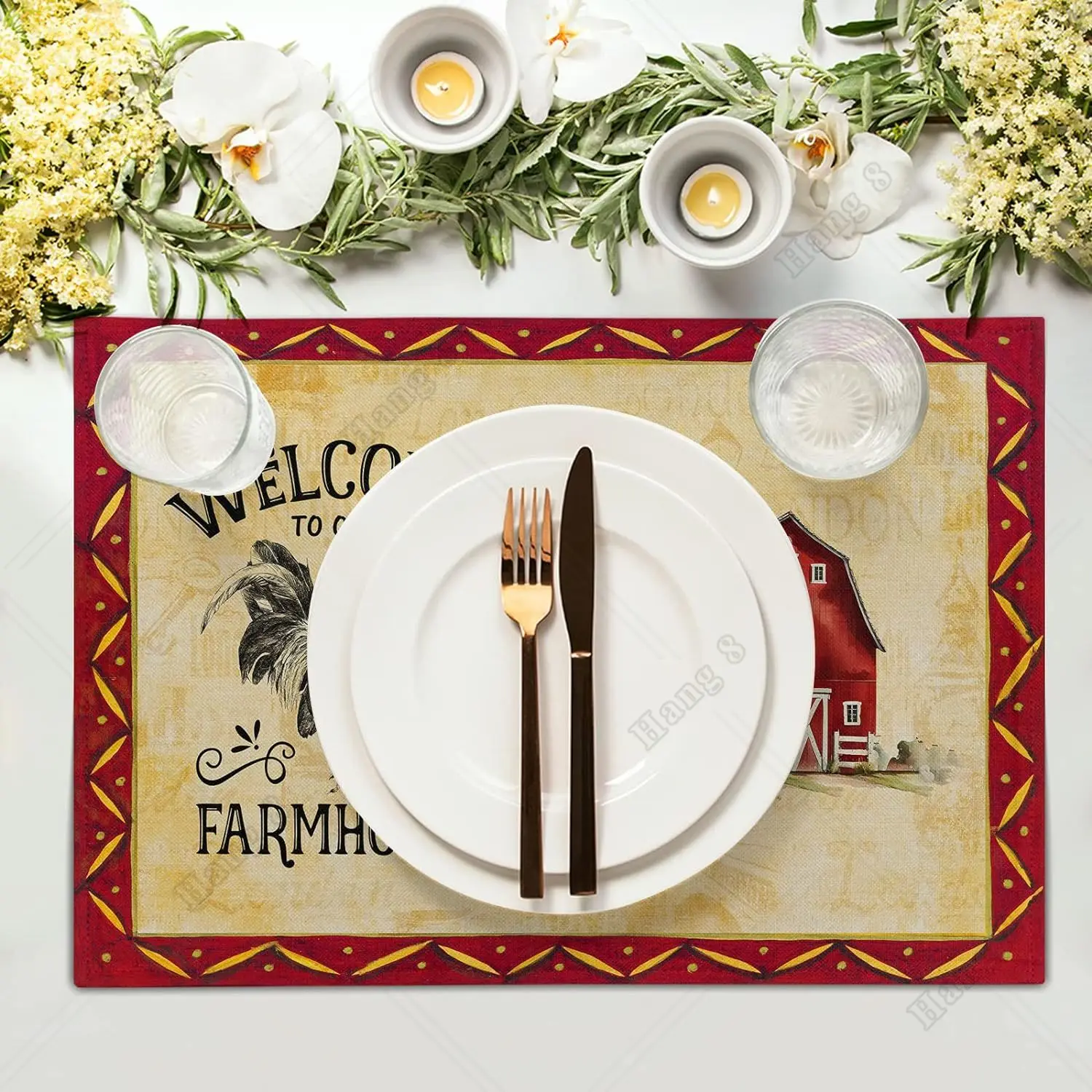 Rooster Chicken Placemats Welcome To Our Farmhouse Linen Place Mat Vintage Animal Farm Decorative Washable Non Slip Table