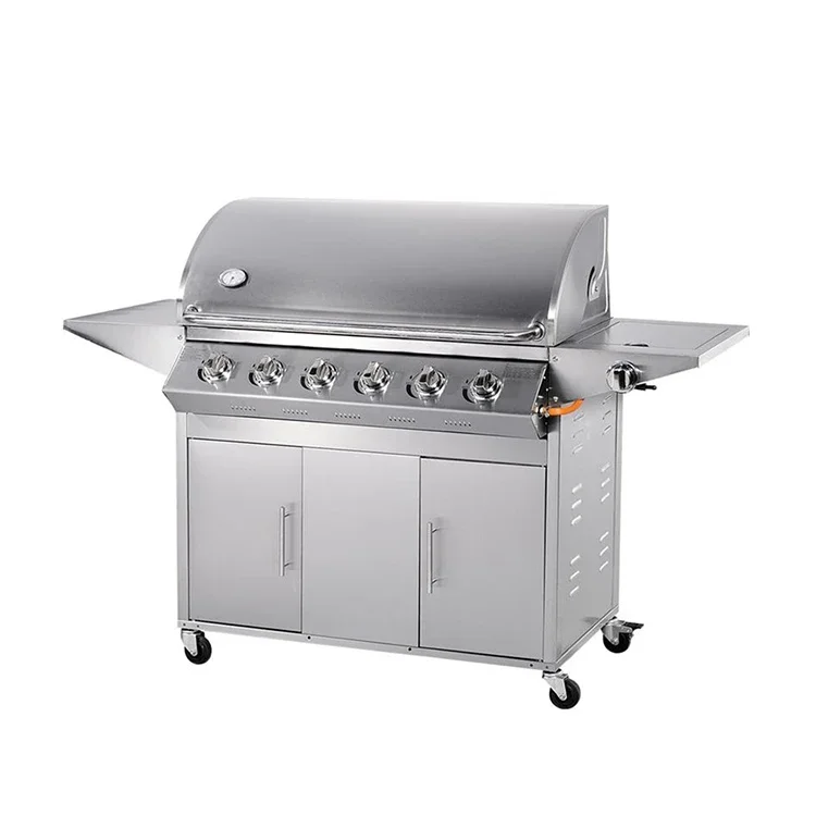 Outdoor Moveable Barbecue Gas Grill 5 Burner with Round Hood and Thermometer