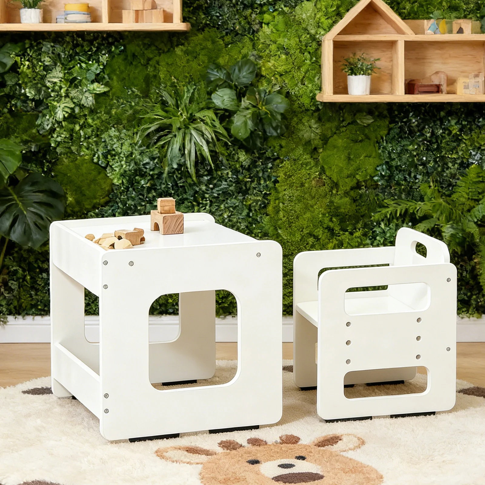 Conjunto de Mesa y Silla para Niños, Ajustable en Altura, de Madera, para Niños de 1 a 3 Años, para Jugar, Aprender, Leer y Comer
