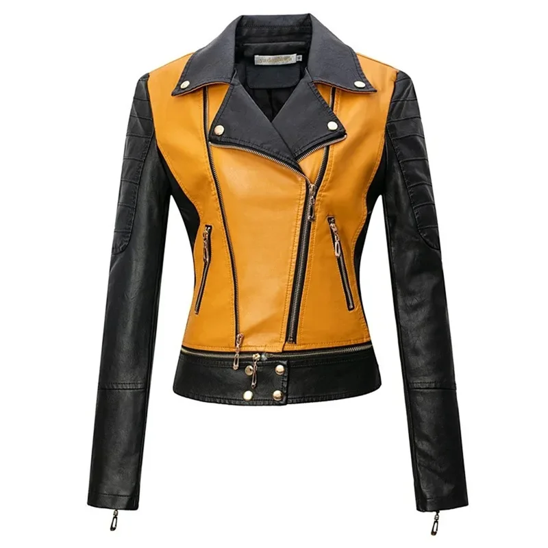 Washed Leather Jacket For Women Slim Fit Casual Outdoor Work Clothes PU Leather Coat Short And Long Sleeved Jackets Zipper Yello