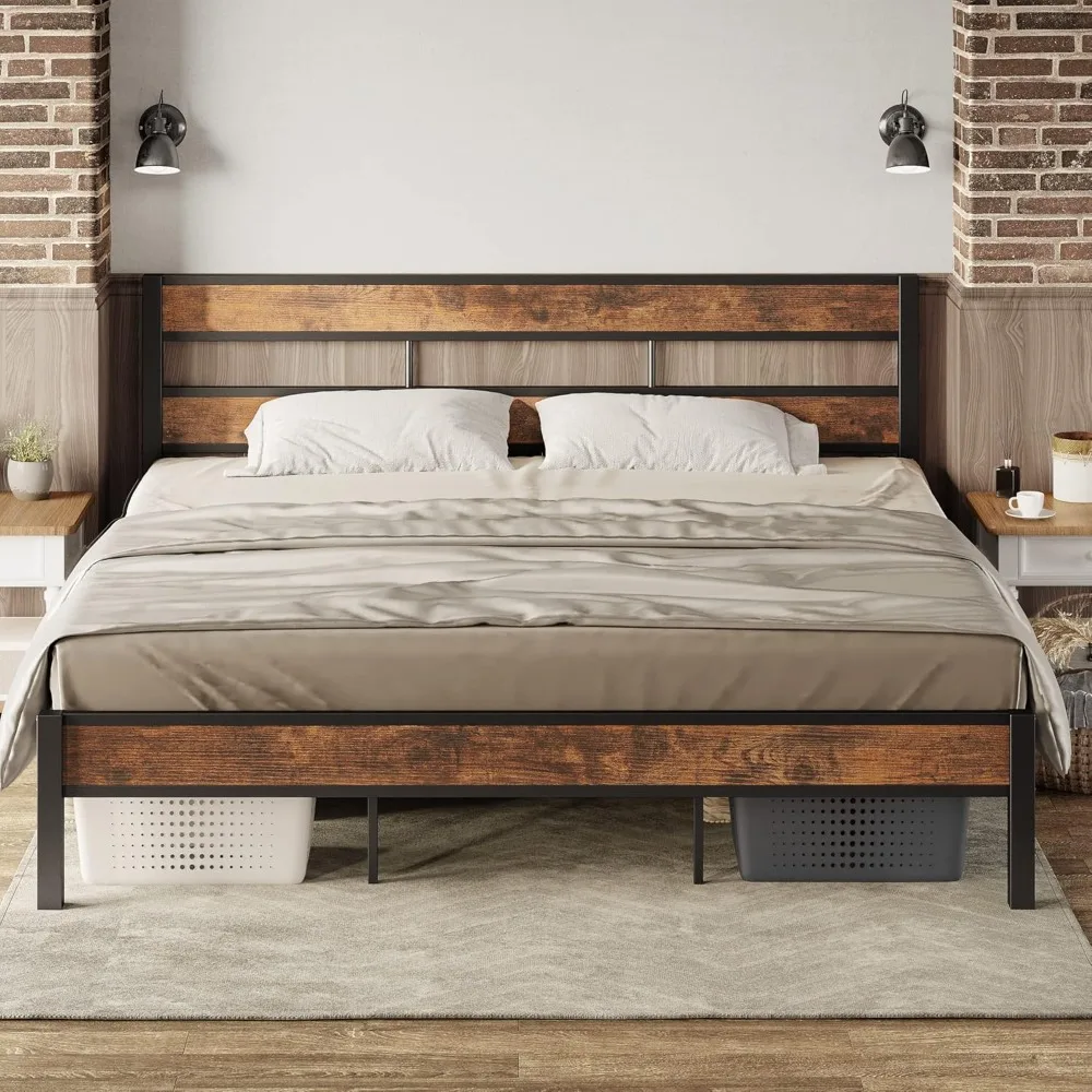 

King Bed Frame with Headboard, Easy Assembly, Noise-Free, No Box Spring Needed, Heavy Metal Frame,Bed Frame With storage space