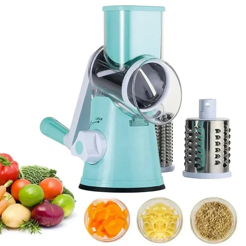 

Vegetable Fruit Slicer Grater Grinder Kitchen Multifunctional Garlic Potato Shredder Cheese Cutting Tool with 3 Drums Hand Crank