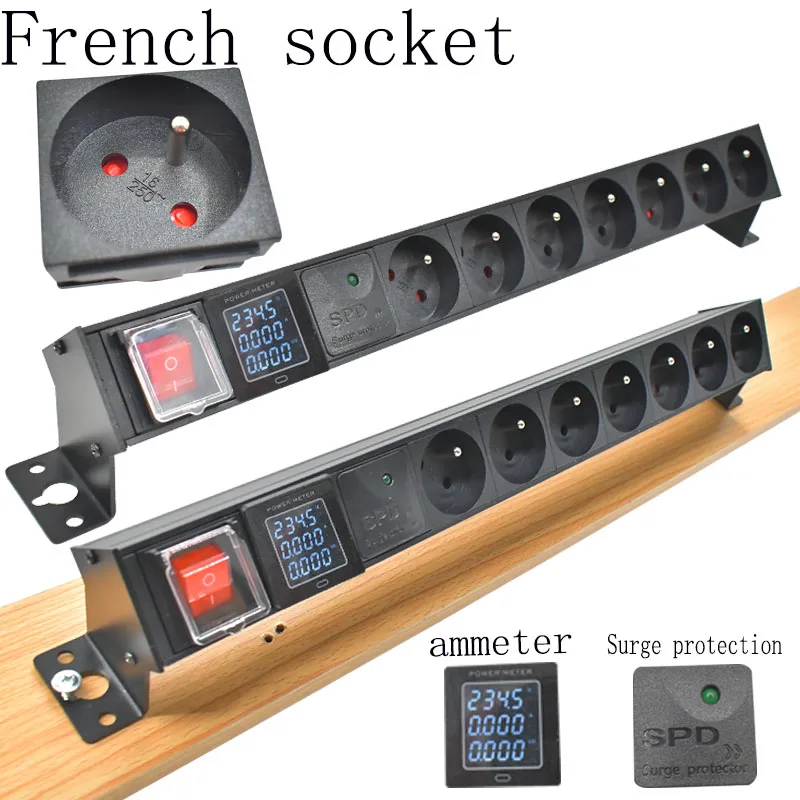 

PDU power strip стойка сетевого шкафа 1-8ACFrench, настольная розетка с защитой от перенапряжения амперметра, 1,2/2/3/3,5-метровый Удлинительный кабель