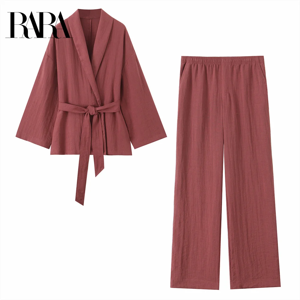 

2025 RARA Women's Set Robe Style Jacket with Belt Matching Wide Leg Pants for Comfortable and Stylish Wear
