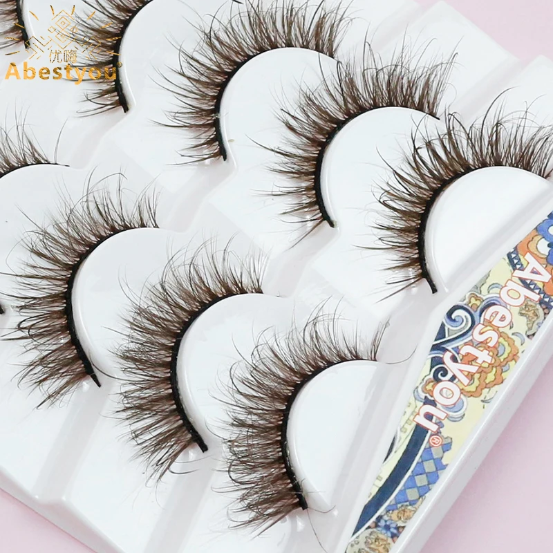 Abestyou Private Label 6/7 par 5d 6 par Kolorowe ciemnobrązowe puszyste futrzane sztuczne rzęsy z norek DD Curl Black Strip Winged Lashes