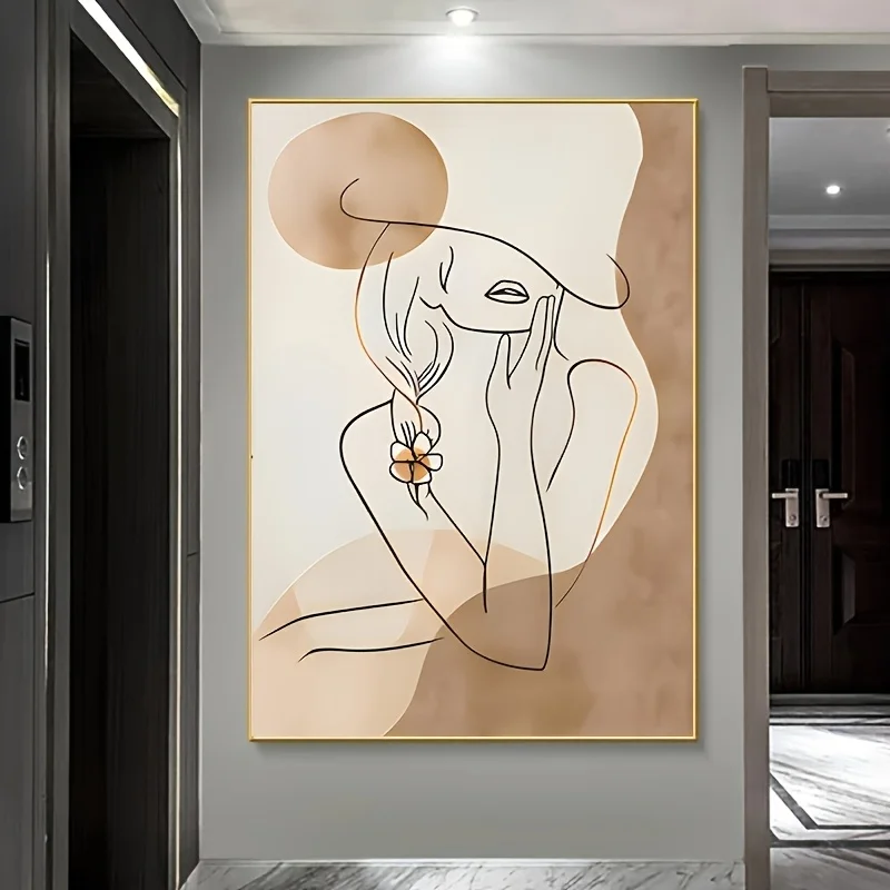 Modern Abstract Canvas Art Print Posters- Minimalist Female Portrait with Floral Accents, Beige & Brown Tones, Frameless Wall ar