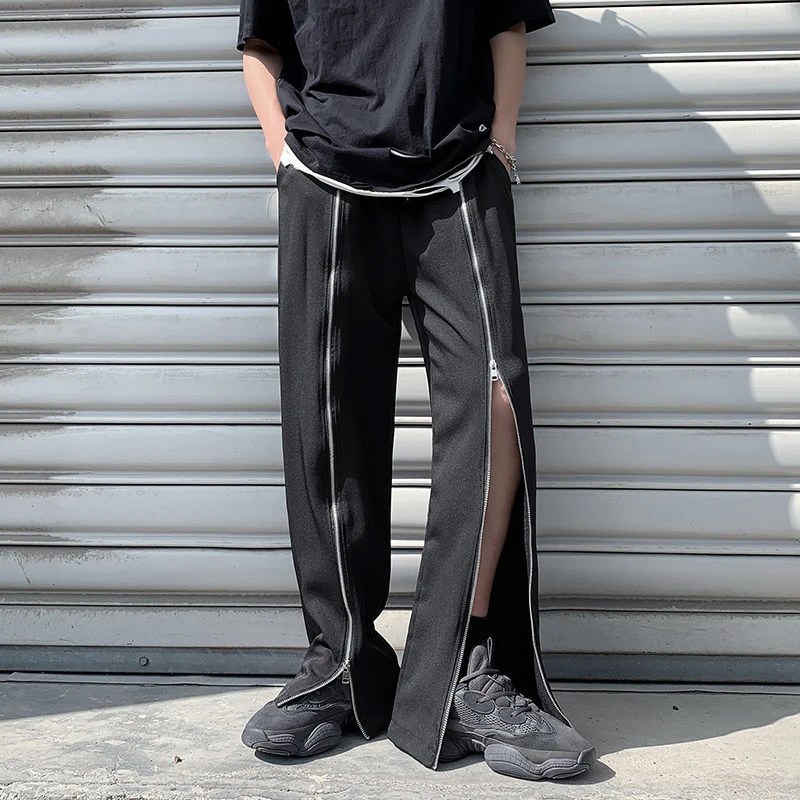 Zipper Split Straight Men Y2K Pants Chic Vibe Ins Trouser Male Party Night Club Streetwear Wide Leg Gothic Hippie Hip Hop Pants