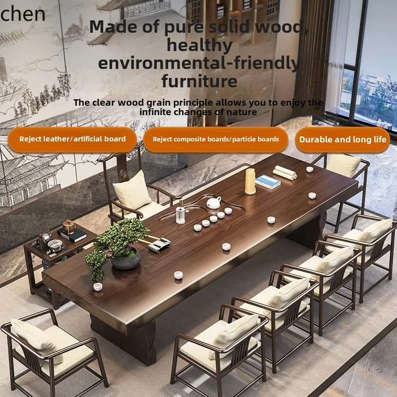 

ZC solid wood large board tea table new Chinese style living room office tea table and chair combination