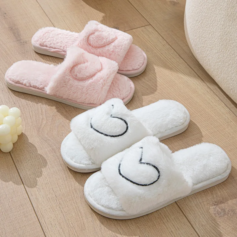 Heart Pattern Fluffy Home Slippers Women Soft Sole Lightweight Plush Bedroom Slippers Woman Cozy Open Toe Non Slip Indoor Slides