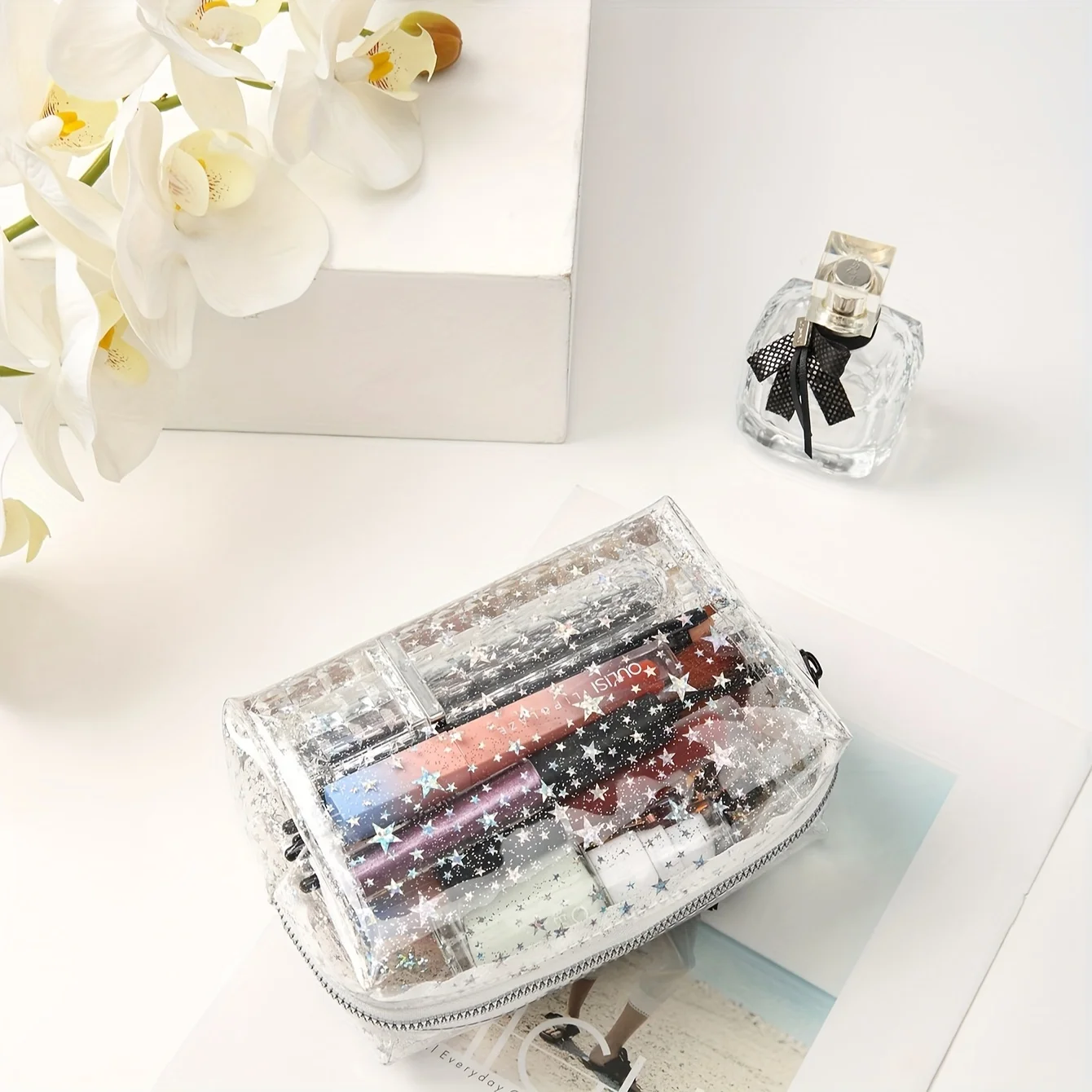 Chic Transparent Star PVC Makeup Bag - Waterproof, Large Capacity, Portable Cosmetic Organizer