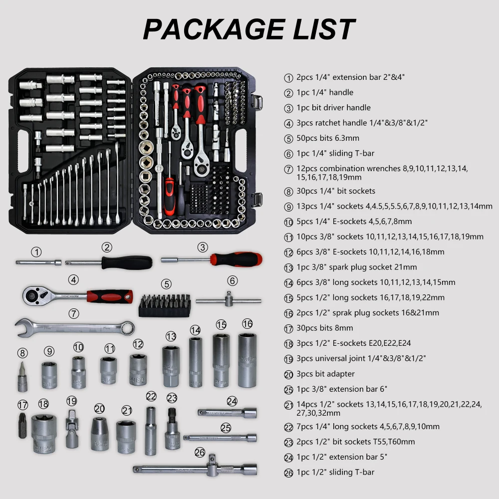 Tool Kit and Socket Wrench Set 216pcs - Basic Portable Manual Repair Tool Set for Home Use, Includes Case and Ratchet Wes