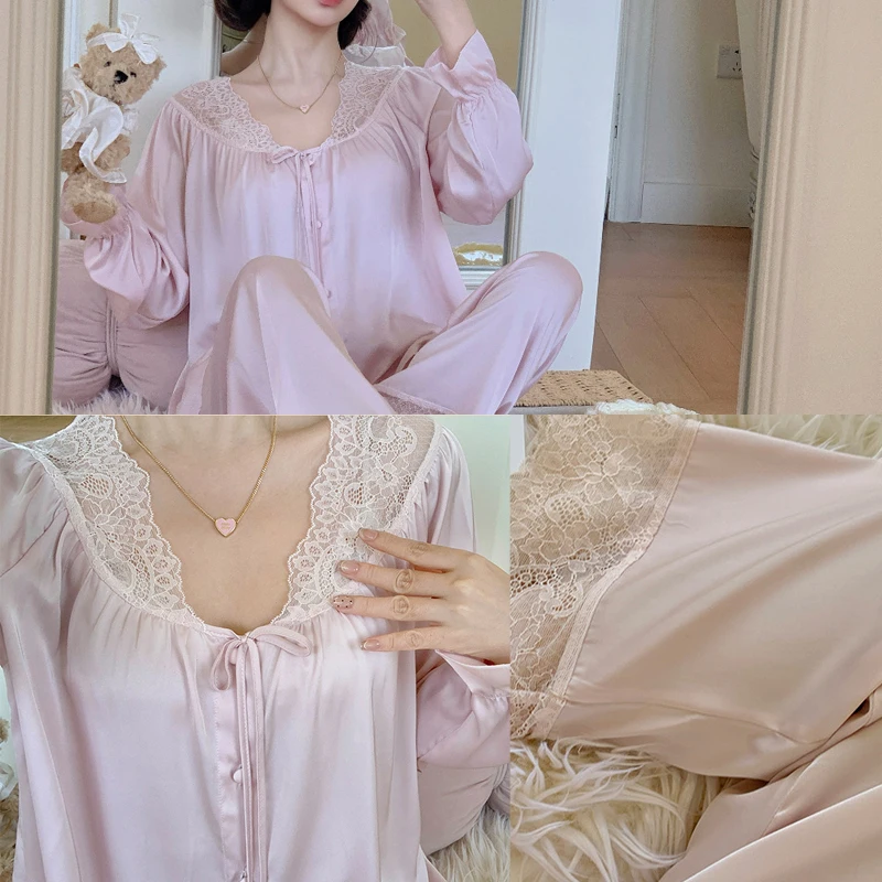 

Spring New Gentle Style Sleepwear Lace Pink Nightwear 2 Pcs Shirt&pant Long Pants Pajamas Ice Silk Outdoor Wear Home Clothes