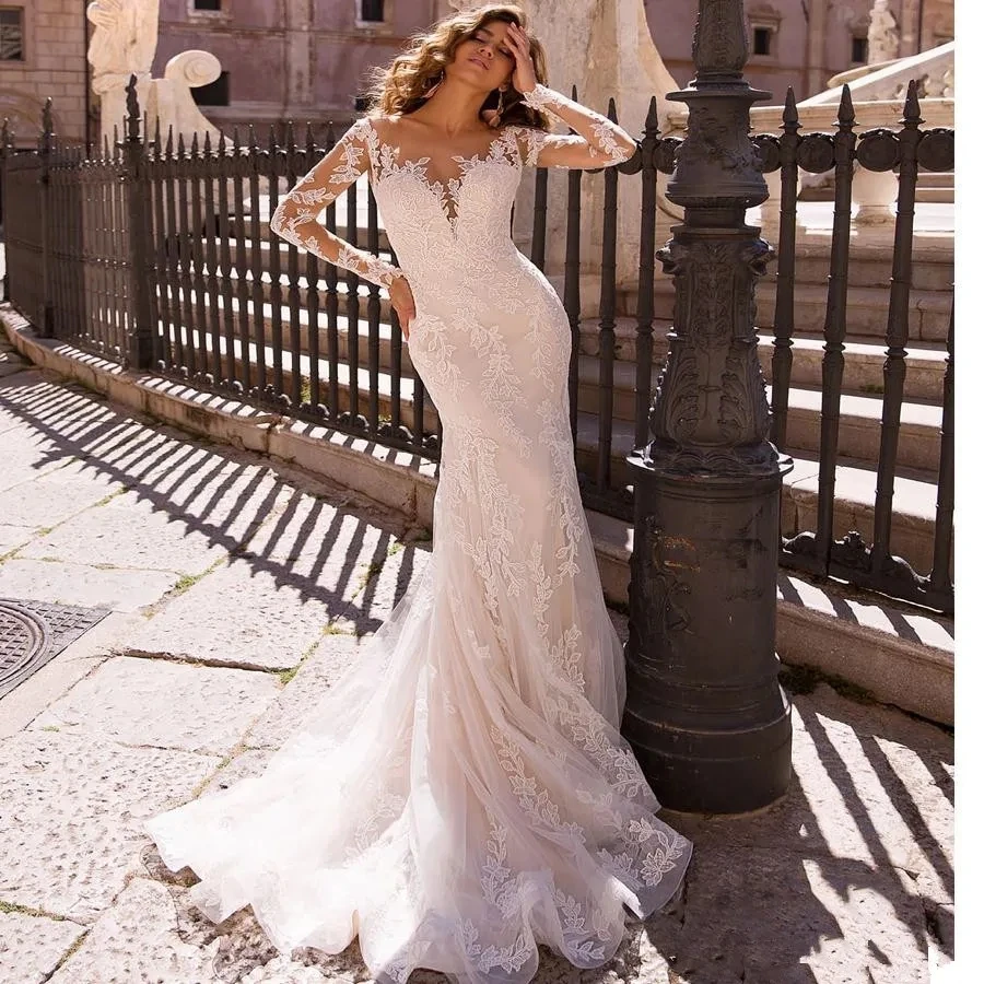 Precioso vestido De Novia con tren desmontable, cuello en V, mangas completas, Apliques De encaje, largo hasta el suelo