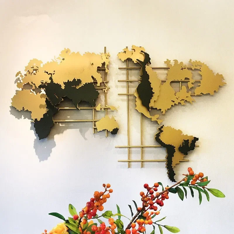 Iron model home, creative American and European style, 3D world map, metal wall hanging ornament, ornament view 4