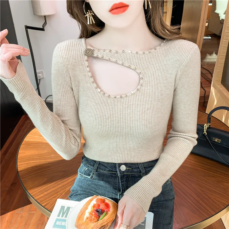 Ladies Fashion Irregular collar Nail bead Basics Sweater Women Spring Autumn Fashion Casual Woman Female OL girls Cute Pullover