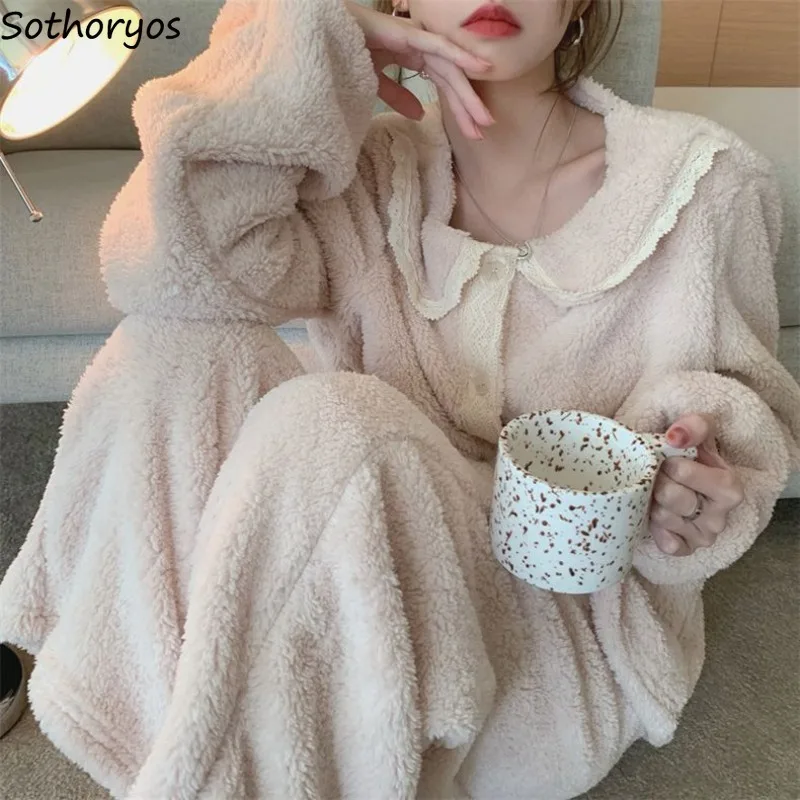 Women Pajama Sets Lovely Lace Winter Peter Pan Collar Sleepwear Thicken Keep Warm Chic Students Faddish Pajamas Cozy Homewear