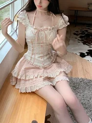 Summer Japanese Sweet Elegant Skirt Suit Women Kawaii Y2k Lace Bow Short Tops Cute High Waist Mini Cake Skirt New 2 Piece Set