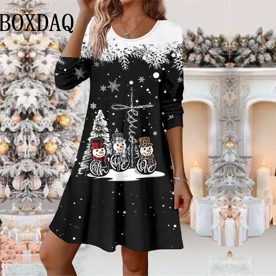 Gaun Wanita Pesta Natal Tahun Baru, Gaun Longgar Wanita Elegan Bergaya Jalanan Lengan Panjang Motif Natal untuk Musim Gugur dan Musim Dingin