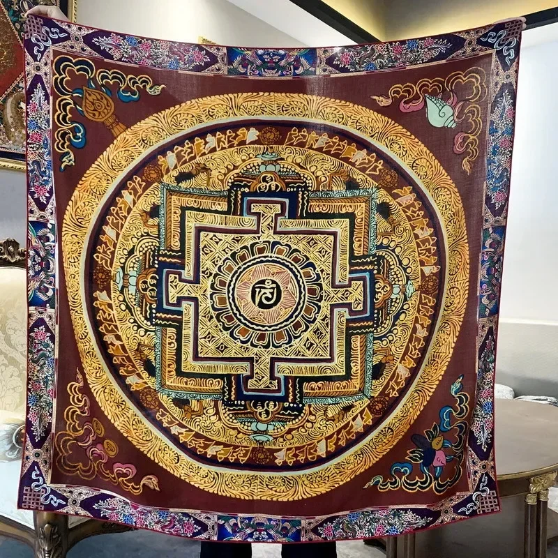 Tibet thangka-エスニックスタイルの女性用ショール,両面プリント,シルクウールのスカーフ,手巻きのエッジ,ハイエンドのファッション,エレガントで高品質