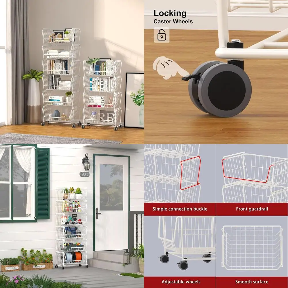 

6-Tier Rolling Metal Cart for Kitchen and Living Room, Multipurpose Storage with Wheels, White