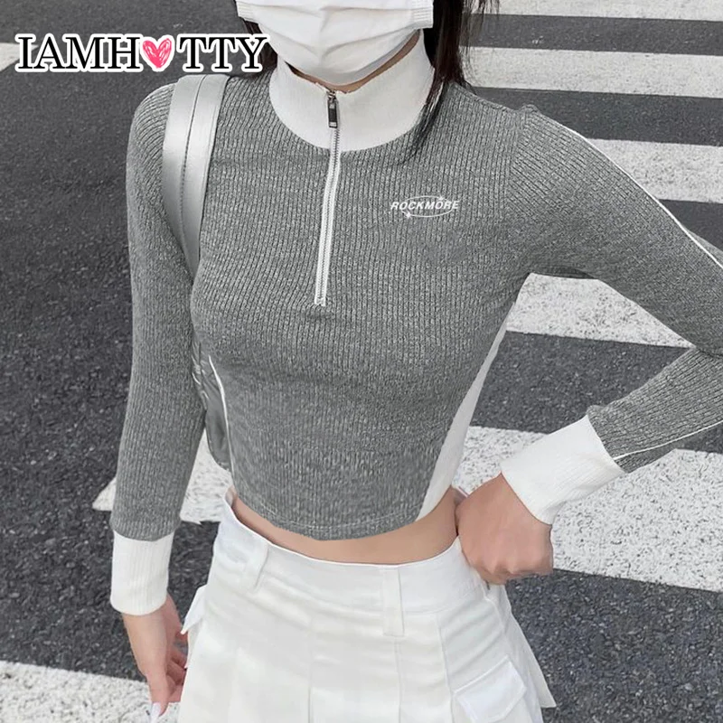 IAMHOTTY Korean Style Contrast Patchwork Cropped Top Women's Street Slim-fit Long Sleeve Knitted T-shirts Fall Moto Bickle Top