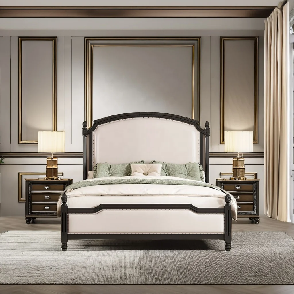 

#Solid wood Nordic retro bed simple modern French superior master bedroom soft bag wedding bed double queen