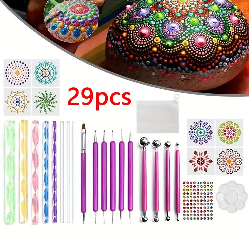 

29pcs Mandala Dotting Tools Kit With Stencils Embossing Stylus Paint Tray And Multicolor Brushes For DIY Rock Painting Nail Art