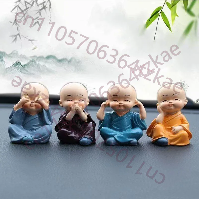 Little Monk Car Dashboard Figurine, Resin Sculpture Chinese Characteristic Ornaments Cute Home Room Office Decoration Suit