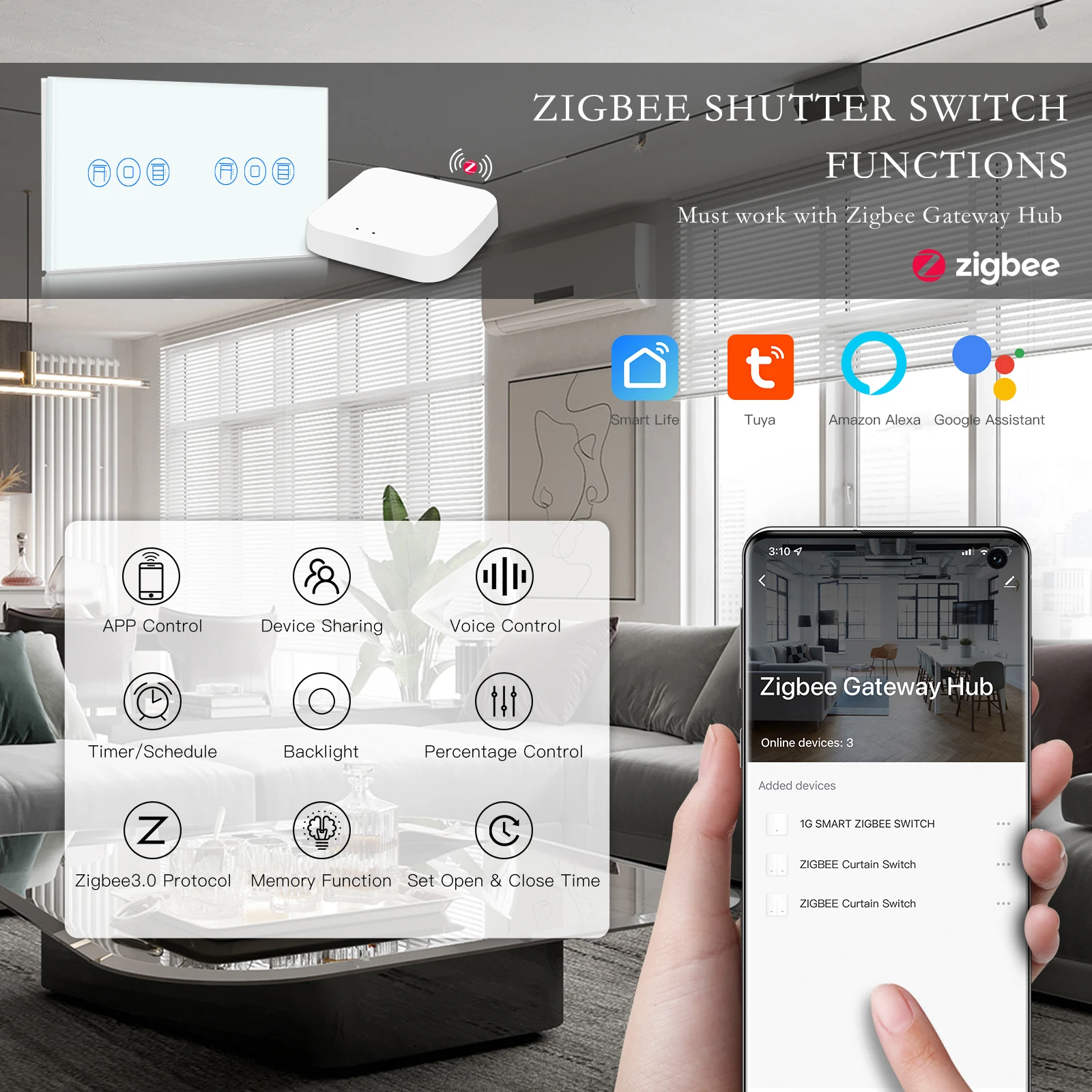 BSEED Zigbee Shutter Switch Double Smart Blinds Switches Touch Intelligent Tuya Smart Life App Google Alexa Voice Control