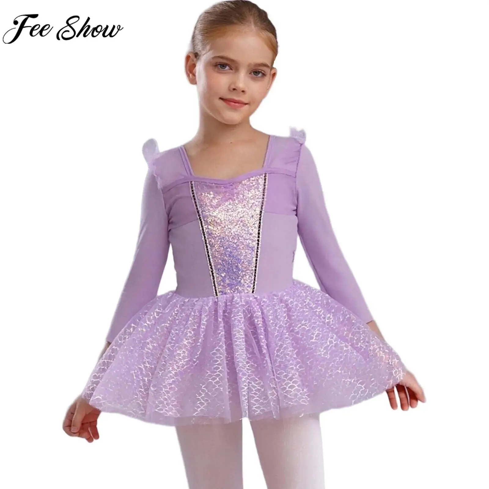 Kids Girls Ballet Dance Tutu Leotard Long Sleeve Sequins Fish Scales Tulle Princess Dress Halloween Carnival Party Costume