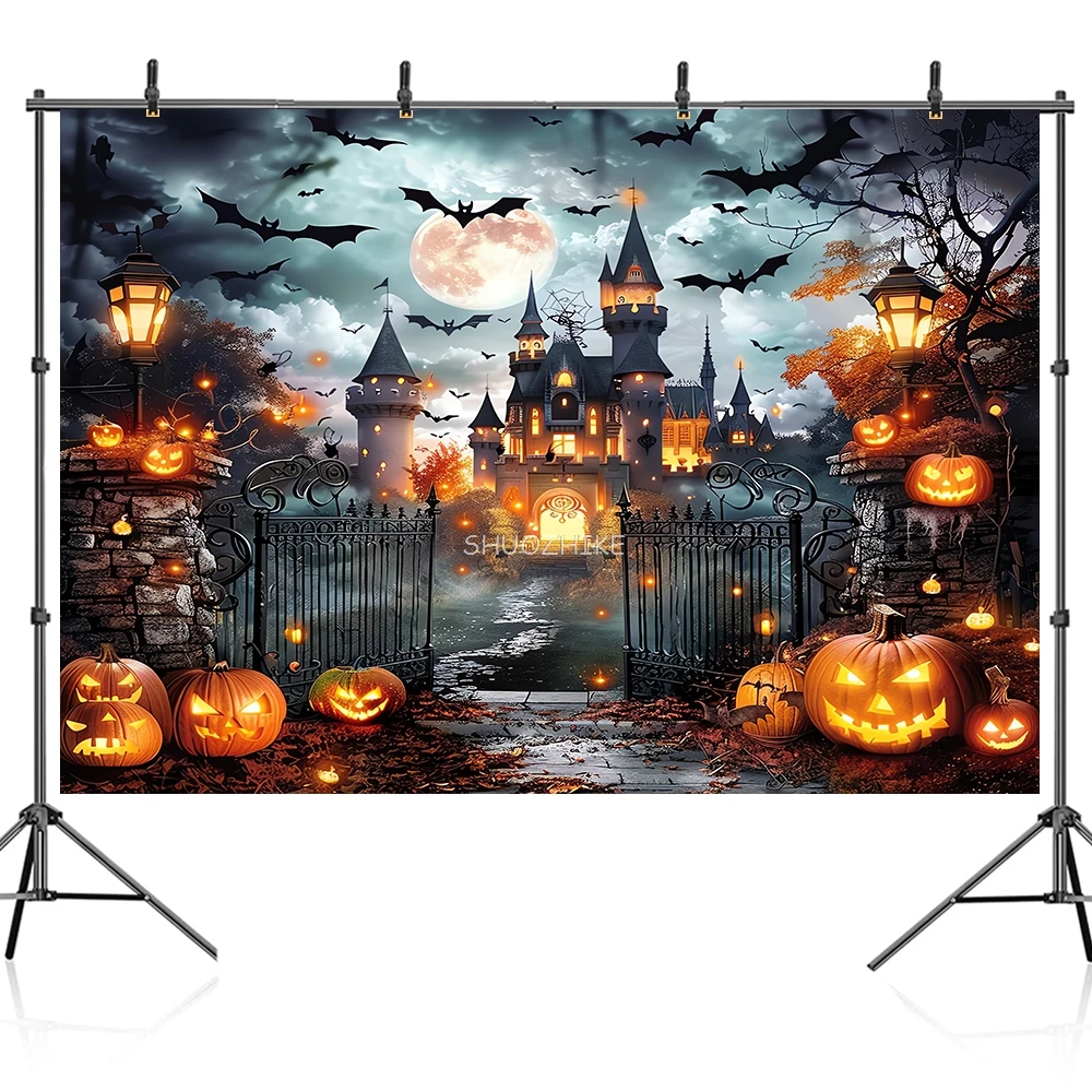 Halloween Photography Background Night Castle Moon Pumpkin Lights Skeleton Family Party Photozone Horror Theme Backdrop