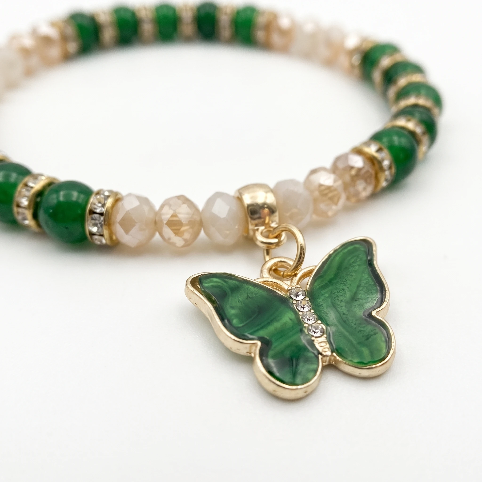 12pcs/Set Green Butterfly Charm Beaded Bracelets, 4 Inch Stretch Crystal Rhinestone Bangle Jewelry Set for Women Girls, Bulk Party Favors & Friendship Gifts