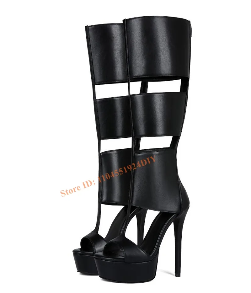 

Black Leather Cut Out Accent Boots Women Belt Strap High Heel Sandals Platform Stiletto Heels Knee High Sandal Boots Summer Shoe