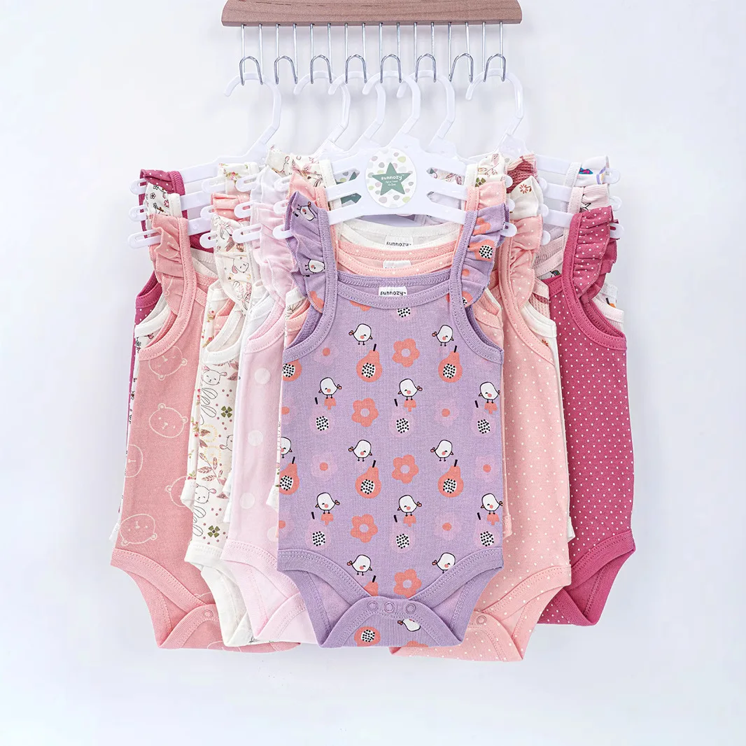 3pc,Summer girls' vest, pure cotton baby one-piece clothes, baby girl climbing clothes, triangular jersey,