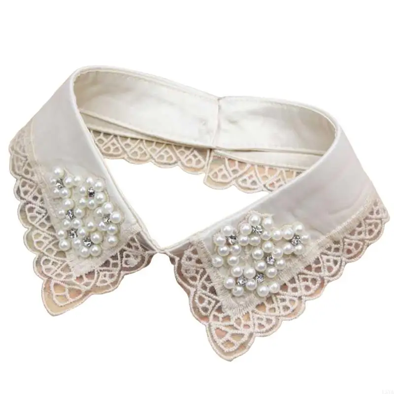 L5YA Women Detachable Colla Shirt Fake Collars Pearls Lace Decoration Ladies Lace Fal