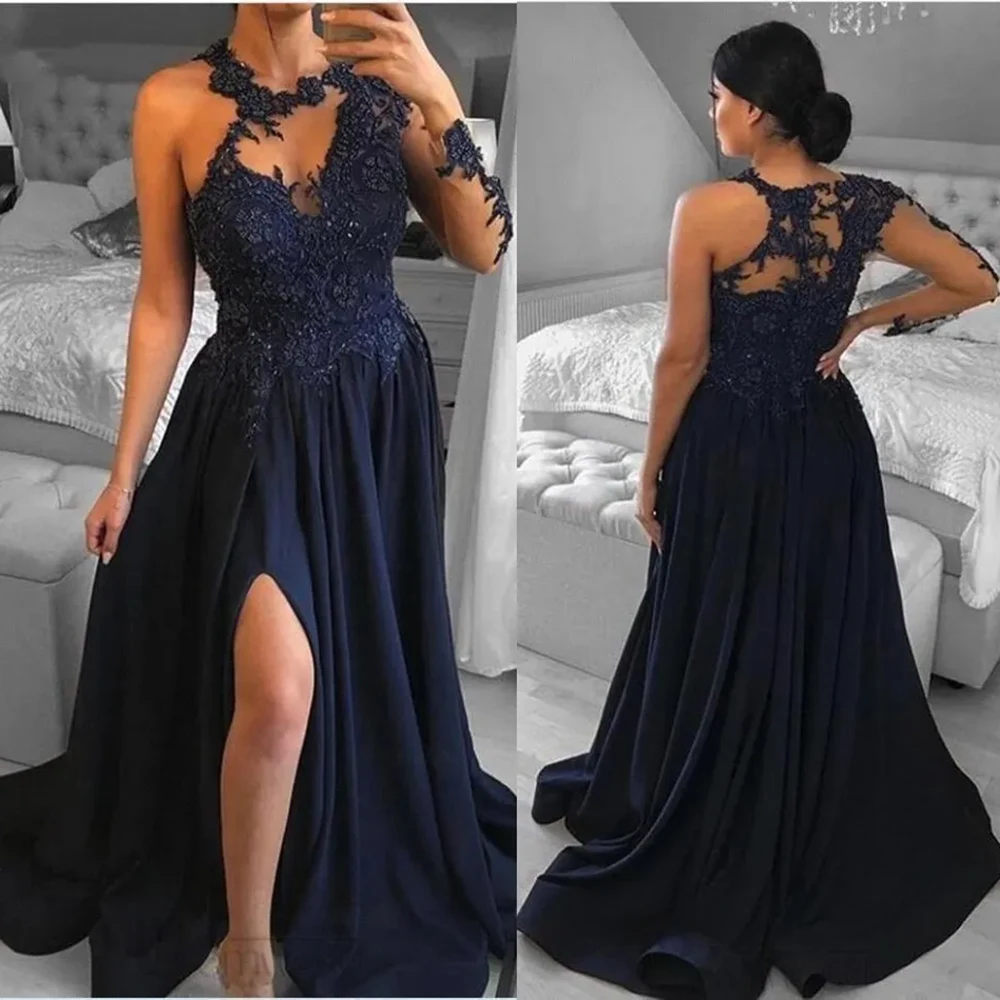 Navy Blue Lace Chiffon Evening Dresses Side Split A-Line  Appliques O-Neck Long Sleeve Prom Gowns Bridesmaid Dresses Customized